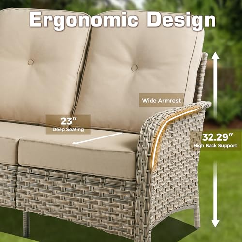 POUUIN 5-Piece Outdoor Patio Furniture Set,All Weather Wicker Rattan Patio Seating Sofa and Chair Set with Ottomans,Outdoor Conversation Sets with 3 Seater Couch for Porch Deck Yard,Beige