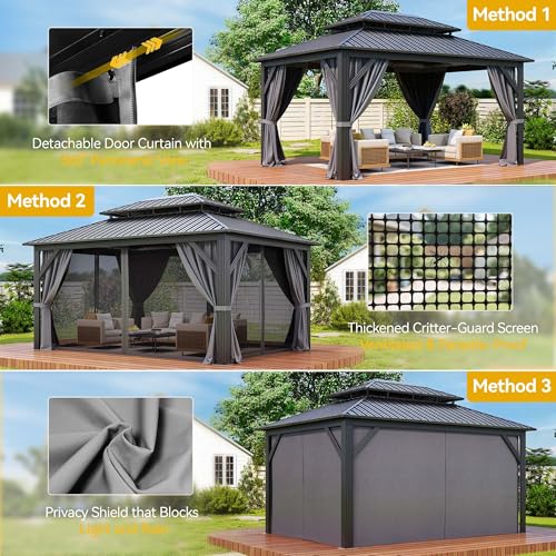 DWVO Hardtop Gazebo with Nettings and Curtains, Heavy Duty Galvanized Steel Outdoor Vertical Stripes Roof for Patio, Backyard, Deck, Lawns, Gray, 16x12ft
