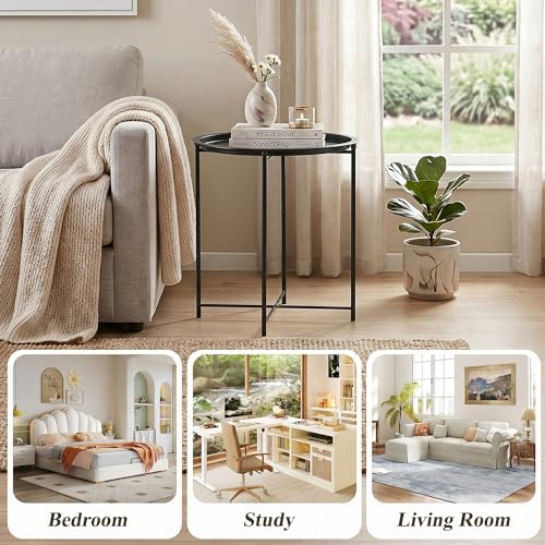 VECELO Side/End Table, Folding Round Metal Anti-Rust and Waterproof Outdoor or Indoor Tray for Living Room Bedroom Balcony and Office, 2 PCS, Black
