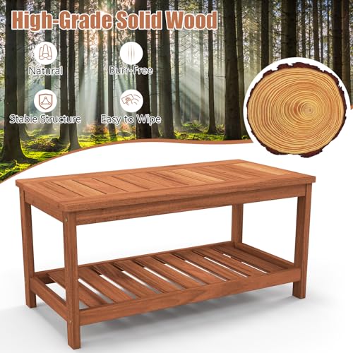 Tangkula Wood Outdoor Coffee Table, 2-Tier Patio Coffee Table with Slatted Hardwood Tabletop & Storage Shelf, Rectangle Wood Table for Deck, Garden, Balcony, Indoor or Outdoor Use (Natural)