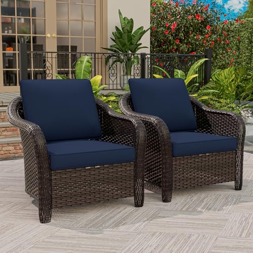 Qsoer Outdoor Wicker Chair Set of 2, All-Weather Use Patio Rattan Chair with Seat and Back Cushion, Ideal for Porch, Backyard, Balcony, Poolside, Blue