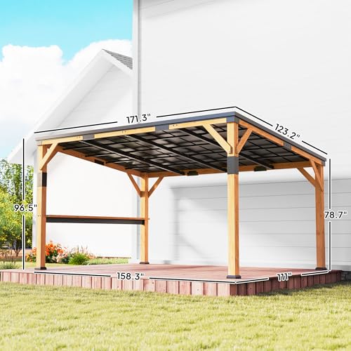 Outsunny 10' x 14' Wooden Gazebo with Galvanized Steel Sloped Roof, Hardtop Lean-to Gazebo Pergola with Bar Shelf, Large Heavy Duty Awning for Patio, Deck, Backyard, Natural Wood