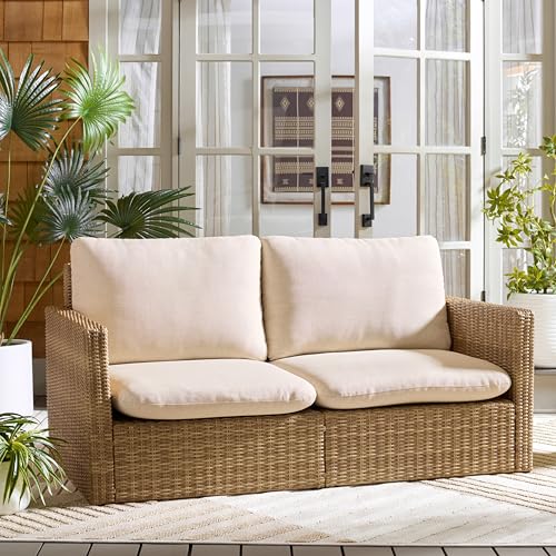 SAFAVIEH Outdoor Patio Furniture Collection – Emma Natural Rattan & Taupe Cushion Sofa, Modern Outdoor Seating (PAT7564A)