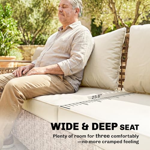 Outsunny Outdoor Patio Couch with Wide and Deep Seat, 3 Seater Wicker Outdoor Sofa with Wide Metal Armrests, Patio Furniture Couch with Cushions for Porch, Garden, Backyard, Beige