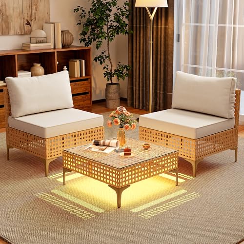 YITAHOME Wicker Patio Furniture Set 3 Pieces Outdoor Sectional Sofa with Solar Light Table Outdoor Couch with Waterproof Cushions All-Weather Rattan Patio Conversation Set for Indoor/Outdoor