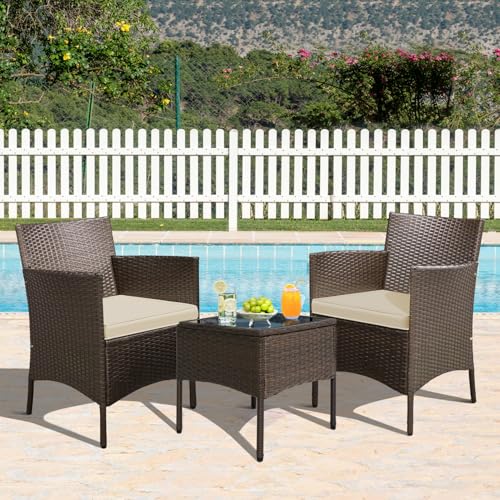 Yaheetech 3 Pieces Patio Porch Furniture Set, Outdoor PE Rattan Wicker Conversation Set with Soft Cushions, Glass Coffee Table & 2 Chairs for Garden/Deck/Courtyard/Poolside, Brown/Khaki