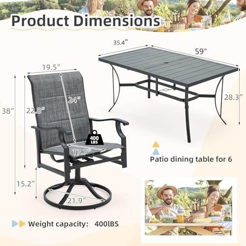 BUPPLEE Patio Dining Set for 6, 6 Piece Patio Swivel Chairs with 1 Piece Large Metal Rectangular Dining Table for Backyard Front Porch Pool Deck,Gray