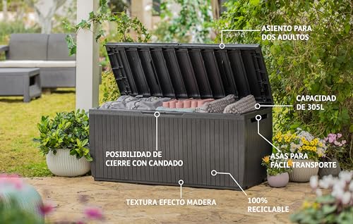 Keter Cushion Box, Rainproof, Balcony Springwood Cushion Storage Box, Brown, 123 x 53.5 x 57 cm, 305 L, 17202488