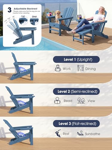 KINGYES Adjustable Folding Adirondack Chair with Footrest & 4-in-1 Multi-Functional Armrest Organizer, HDPE Foldable Recliner Adirondack Chair with Pull-Out Ottoman, Blue