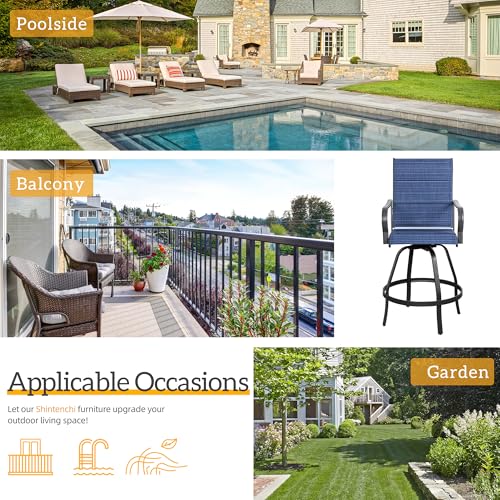 Shintenchi 4 Piece Patio Swivel Bar Chairs, All Weather Padded Textile Outdoor Metal Bar Stools Patio Chairs Set of 4, High Top Bistro Set Furniture for Balcony, Backyard, Lawn Garden, Deck, Deep Blue