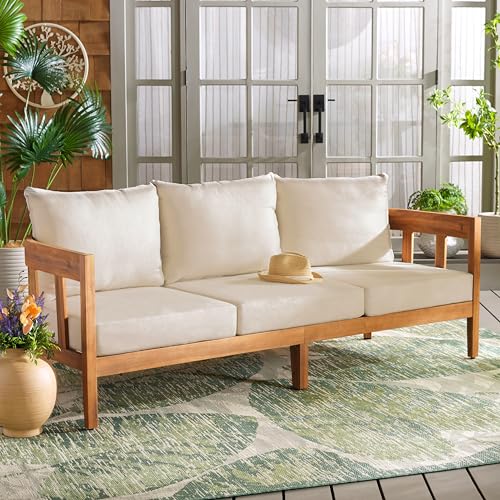 SAFAVIEH Outdoor - Owen 3-Seat Sofa - Natural & Taupe - Solid Wood with Cushion - Mid-Century Coastal Slatted Design - Ideal for Patio, Deck, Porch, Backyard, 15" Seat Height (PAT7091A)