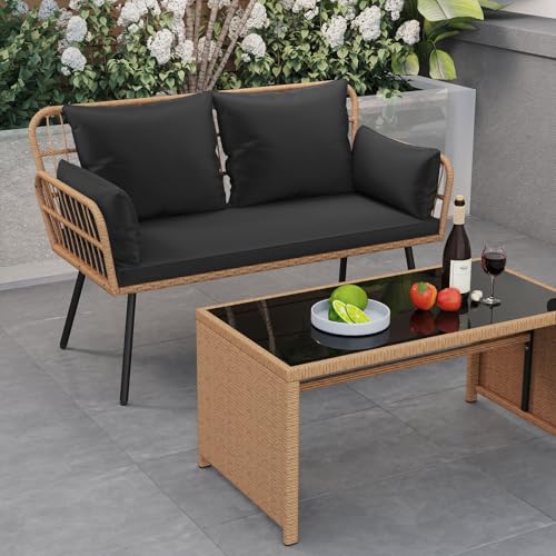 Tangkula Patio Wicker Loveseat, Outdoor 2-Seater PE Rattan Sofa with Pillows, Cushions, Metal Frame & Adjustable Foot Pads, 660 lbs Outside Couch for Porch, Backyard & Poolside (Black, 50.5" L)