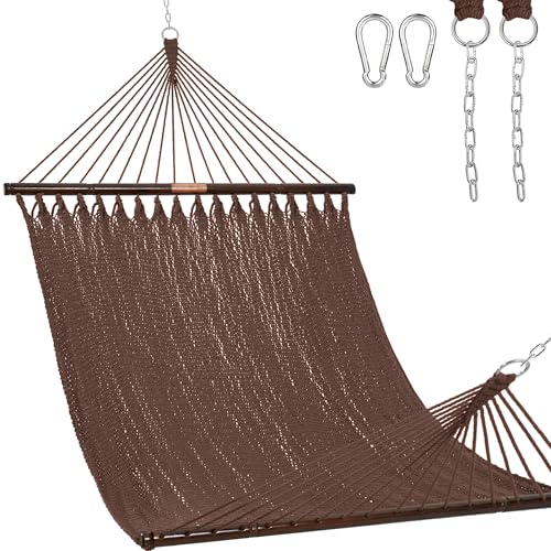 Lazy Daze Hammocks 10.5 FT Double 2 Person Caribbean Rope Hammock, Hand Woven Polyester Hammock with Spreader Bars for Outdoor Backyard Patio Poolside, 450 LBS Capacity, Brown