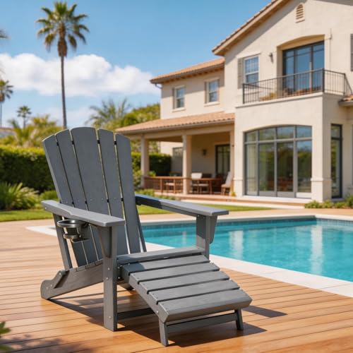 Polyhouz Folding Adirondack Chair with Retractable Ottoman,HDPE Outdoor Adirondack Chair with Cup Holder,All-Weather Lounge Chairs for Outside,Patio,Pool,Fire Pit,Grey