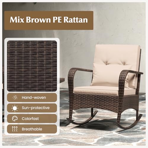 COSTWAY Outdoor Rocking Chairs Set of 2, 3 Piece PE Wicker Patio Bistro Set with Coffee Table & Thick Cushions, Rattan Patio Rocker Furniture for Front Porch Lawn Garden Backyard Deck Poolside (Beige)