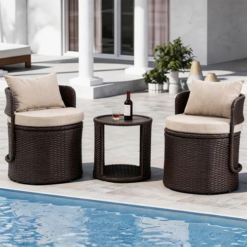 DAYAOUTDOOR 3 Piece Outdoor Patio Bistro Set with Storage, Wicker Conversation Chair Set with Glass Table, Modern Balcony Furniture for Garden, Porch, Backyard, Brown