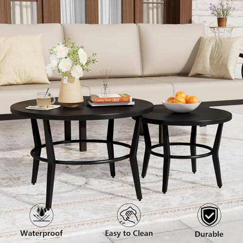 ALAULM Patio Round Coffee Table Set of 2, Outdoor Large Side Table-Weather Resistant Metal Steel for Patio, Backyard, Pool,Lawn(Black)