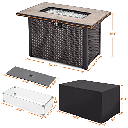 Nuu Garden Outdoor 43" 50,000 BTU Propane Gas Fire Pit Table, Ceramic Tabletop and Rattan Weaved Iron Frame, Water-Proof Oxford Cover, Glass Wind Guard, Glass Beads, Lid Included, Dark Brown & Coffee