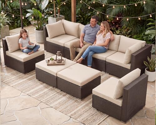 NICESOUL 8 Seat 29.3'' High Back Outdoor Furniture Set, Extra Large Rattan Patio Conversation Sets, Deep Seating Modular Sectional with Ottoman, Oversized Conversations for Backyard, Brown and Beige