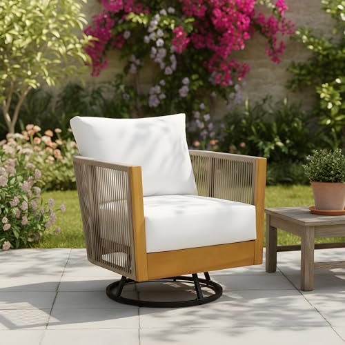 Christopher Knight Home Outdoor Swivel Rocking Chair Set of 2 with Cushion & Cross Base Side Table, Acacia Wood Patio Swivel Rocker Chair Set 360 Degree Porch Chairs for Backyard Balcony, Natural/Teak