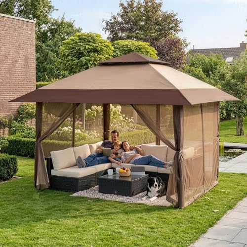 CROWN SHADES 13x13 Pop Up Gazebo, Canopy Tent, Gazebos on Clearance - Outdoor Gazebo for Backyard & Patio Furniture - Carpa Pop Up Tent with Wheeled STO-N-Go Cover Bag (Beige & Coffee)