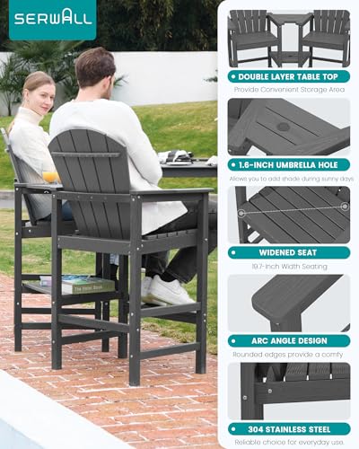 SERWALL Tall Adirondack Chairs Set of 2 with Double Layer Connecting Tray, HDPE Bar Height Outdoor Chairs, Wood-Like Adirondack Bar Stools for Patio, Balcony, Porch, Grey