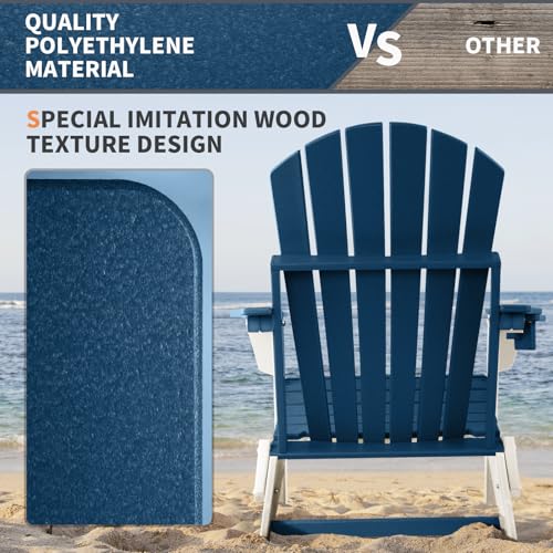 FUNBERRY Folding Adirondack Chair Set of 4, Blue & White All Weather HDPE Fire Pit Chairs with Cup Holder for Outdoor