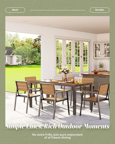 Vexwalx 7-Piece Outdoor Dining Set, Aluminum Dining Table Set for 6, Patio Table and Chairs Set with Umbrella Hole, All Weather HDPS Outdoor Table and Chairs for 6 (Gray-Teak)