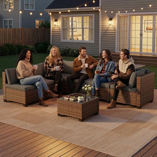Qsun 7 Pieces Patio Furniture Set, Outdoor Sectional Rattan Sofa Set, Wicker Patio Conversation Set with Cushions and Glass Coffee Table, for Balcony, Porch, Garden, Grey