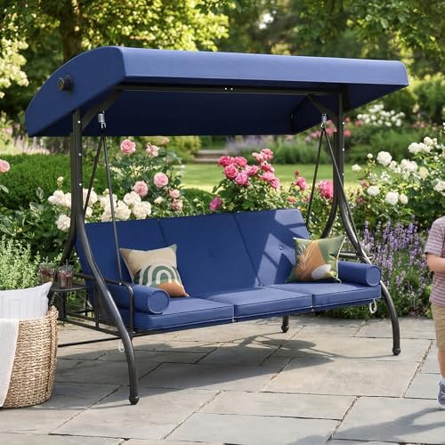Aoxun Outdoor Porch Swing with Stand and Canopy, 3 Seats Outdoor Swings for Adults, Convertible 2 in 1 Swing Bed with Cup Holder, Patio Swings with Thicken Cushions for Garden, Yard & Balcony, Blue