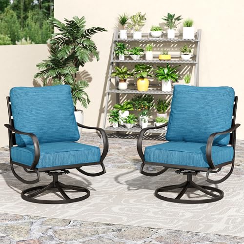 PHI VILLA Metal Swivel Patio Chairs Set of 2, High Back Steel Outdoor Chairs with 5.75" Extra Thick Cushion, 2 Pieces All Weather Deep Seat Outdoor Front Porch Seating Furniture for Deck, Peacock Blue