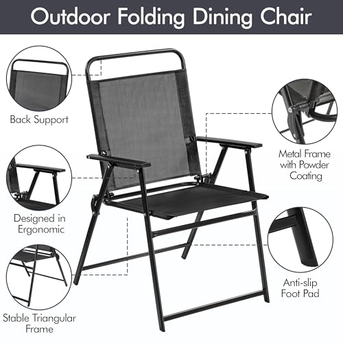 Yaheetech Outdoor Folding Patio Chairs Set of 4, Portable Outdoor Folding Chairs for Outside, Lawn, Garden and Porch with Metal Frame, Armrests, Stackable, Foldable and Portable Design, Black