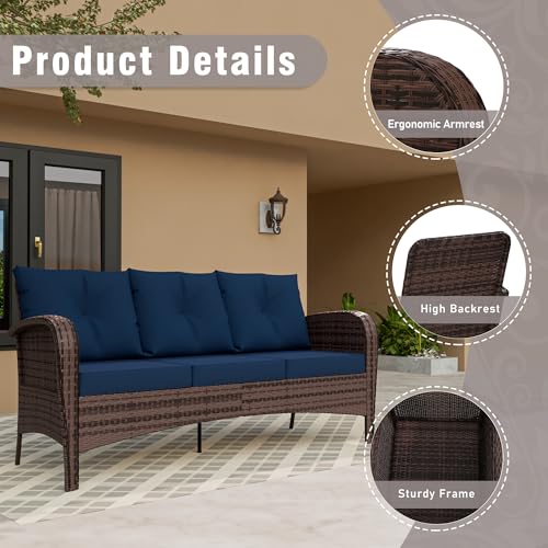 Qsoer Patio 3-Seater Sofa, PE Wicker Outdoor Lounge with Thick Removable Cushions, Rust-Proof Steel Frame, 900LBS Capacity, Blue