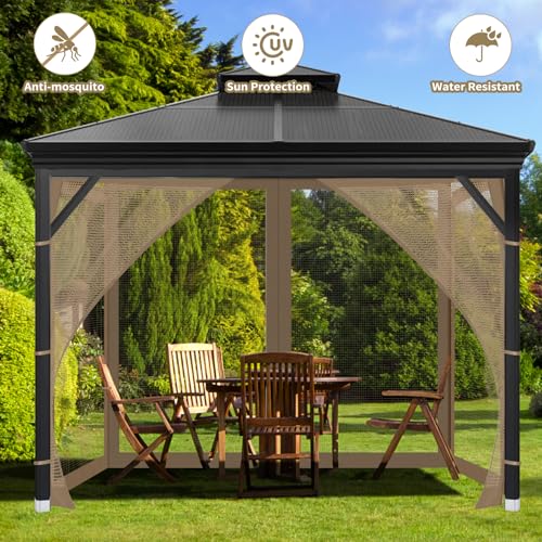 OIPUNSHLE Gazebo Universal Replacement Mosquito Netting, 10'x10' Gazebo Netting Outdoor, 4-Panel Screen Walls for Outdoor Patio with Zipper (Mosquito Net Only) (Brown)