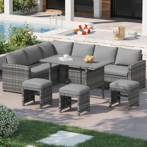 U-MAX 7 Pieces Patio Furniture Set, Outdoor Sectional Sofa Conversation Set, All Weather Wicker Rattan Dining Table & Chair with Ottoman, Grey Rattan&Grey Cushion