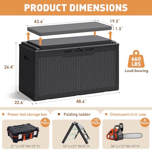 Greesum 100 Gallon Resin Deck Box Large Outdoor Storage Boxes with Cushions for Garden Tools, Patio Furniture Pillows, Pool Supplies, Black