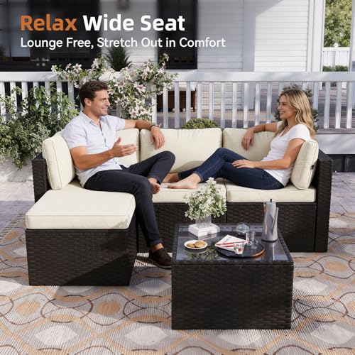 Aoxun Patio Furniture Set 5-Piece, Outdoor Sectional Sofas with Washable Cushion, Wicker Rattan Patio Conversation Sets for Backyard Porch and Poolside
