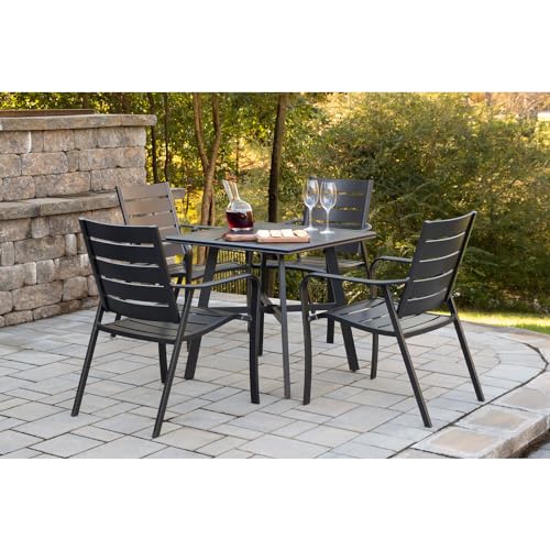 Hanover Cortino 5-Piece All-Weather Outdoor Commercial Grade Aluminum Dining Set, 4 Slat Back Chairs and 38" Slat Table