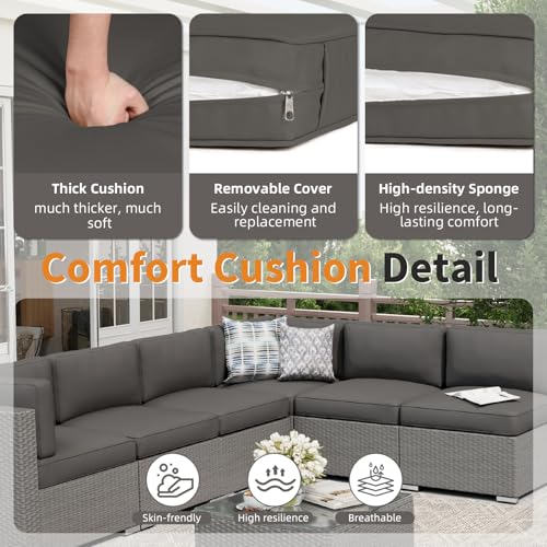 Oakcloud 7-Piece Outdoor Grey Rattan Wicker Sectional Conversation Sets Patio Furniture Sofa Set with Cushions and Glass Top Table(Grey)