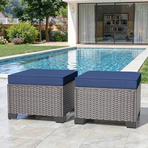 Kullavik Outdoor Ottoman Set of 2,All-Weather PE Wicker Outdoor Footstool with Thickened Cushions for Garden,Backyard,Deck,Porch,Poolside,Navy Blue