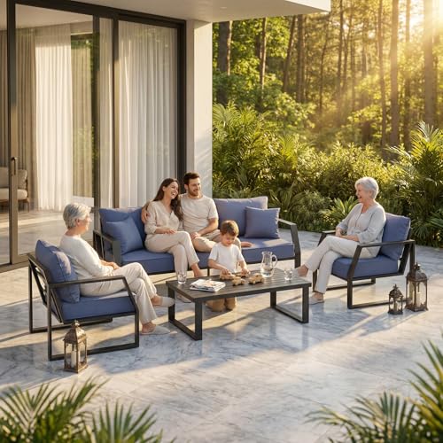 knocetx Oversized Outdoor Modern Patio Sofa for 3, 5" Thick Cushions, Deep Seat & Wide Armrests, Comfortable Aluminum All-Weather Rustproof UV-Resistant Frame for Garden, Backyard, Porch