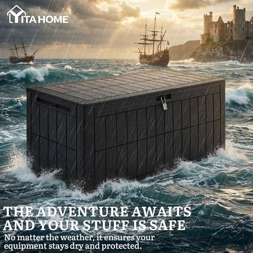 YITAHOME 110 Gallon Outdoor Deck Box, Waterproof Resin Storage Box with Lock, Lockable Patio Furniture Bin, 2-Person Bench Seating for Outdoor Cushions, Garden Tools & Sports/Pool Supplies, Black