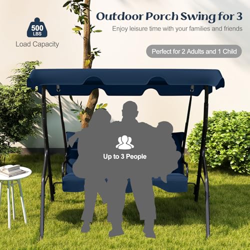 Tangkula 3 Person Porch Swing, Patio with Removable Cushion & Powder-Coated Steel Frame, Outdoor Swing with Canopy for Porch, Backyard, Garden, Balcony(Navy)
