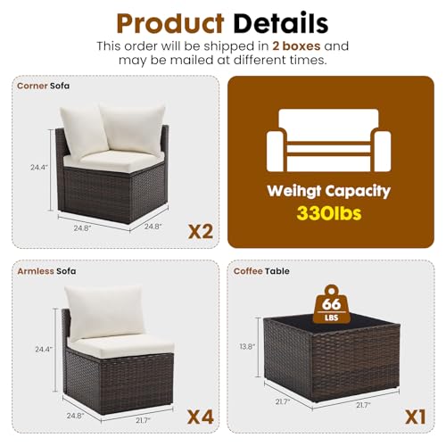 DUMOS 7 Piece Outdoor Patio Sectional Sofa, Modular Wicker Furniture Set with 2.8" Thick Cushions, Adjustable Feet, Weather-Resistant Rattan Outdoor Couch for Backyard, Deck, Garden, Poolside, Brown