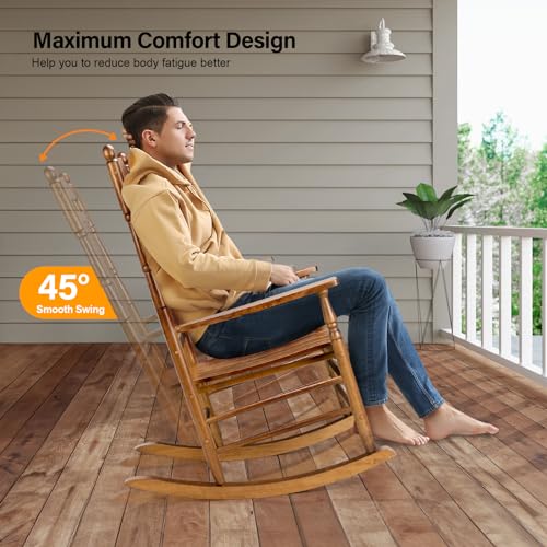 VINGLI Wooden Rocking Chair, Outdoor Chair with 450 lbs Support, Relaxing Rocker with Solid Wood High Back Seat Reclining Seat for Deck, Garden, Backyard, Porch, Indoor or Outdoor Use (Teak, 2PCS)