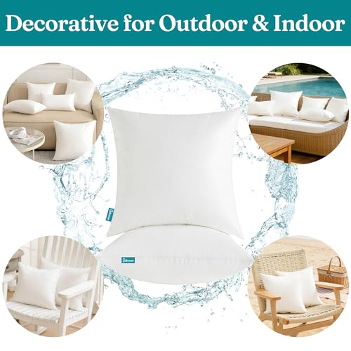Oubonun 18 x 18 Outdoor Pillow Inserts (Pack of 2) - Square Waterproof Throw Pillow - Decorative Throw Pillows Insert for Couch Sofa Bed Patio Furniture - White Pillow