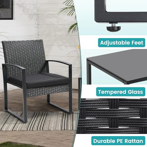 Skandiquip 3 Piece Outdoor Wicker Bistro Set, Rattan Patio Conversation Set with Coffee Table & Washable Cushions for Porch Yard Balcony, Black/Black