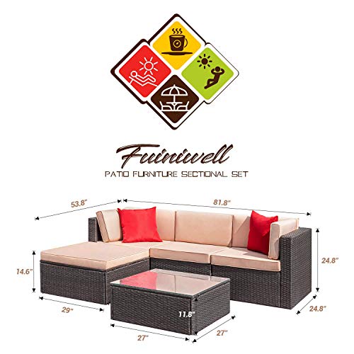 Furniwell 5 Pieces Outdoor Sectional Furniture Set Patio Wicker Rattan Sofa Set Backyard Couch Conversation Sets with Pillow, Cushions and Glass Table (Beige)
