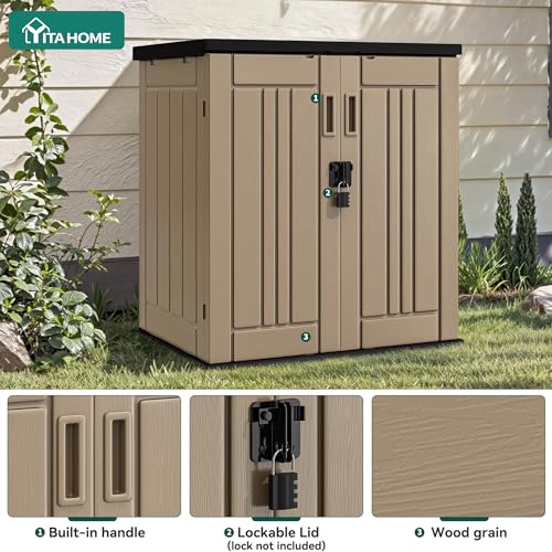 YITAHOME Outdoor Storage Cabinet with 2 Shelves, Waterproof Resin Horizontal Tool Shed, Lockable 15 cu. ft. Storage Shed for Patio, Garden, Yard, Brown