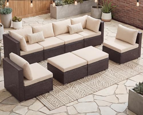 NICESOUL 8 Seat 29.3'' High Back Outdoor Furniture Set, Extra Large Rattan Patio Conversation Sets, Deep Seating Modular Sectional with Ottoman, Oversized Conversations for Backyard, Brown and Beige